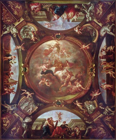Gerechtigkeit sichert den Frieden und schützt die Künste, Studie für die Decke der Zweiten Kammer der Petitionen des Parlaments von Paris, 1688 von Bon de Boulogne